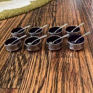 Rare Set of 8 Antique Sterling and Cobalt Salt Cellars w/Spoons